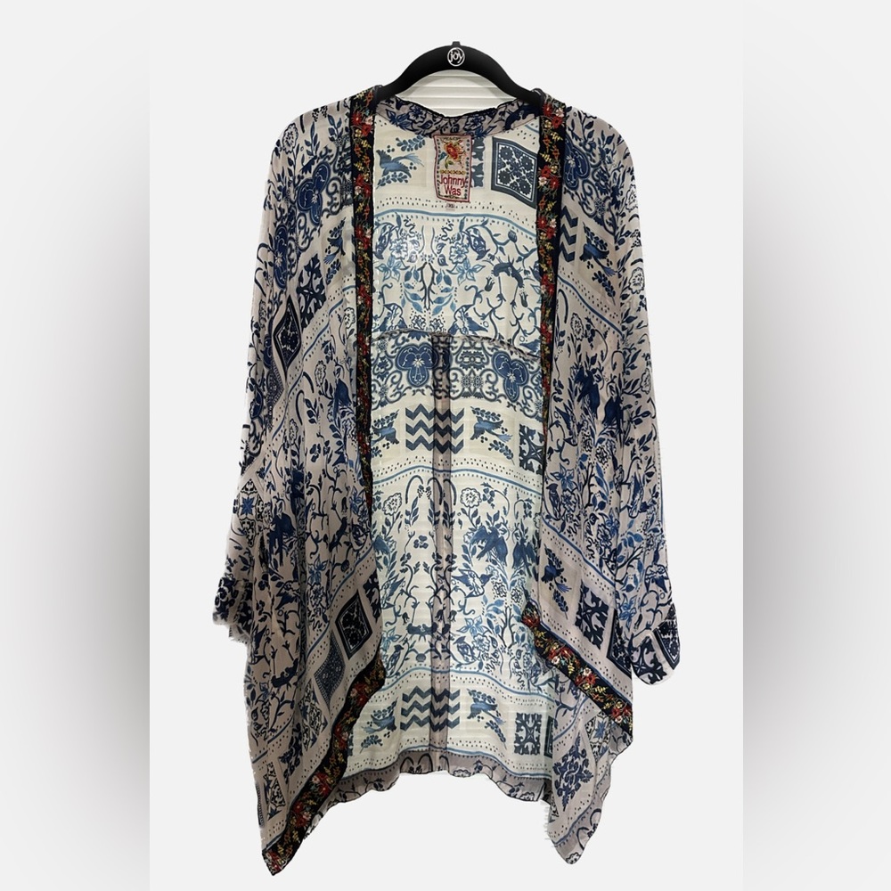 Johnny Was Power Scarf Kimono Blue & White size XS - Picture 4 of 5